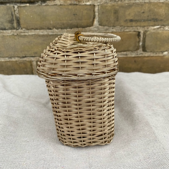 Vintage Champagne Metal Basket Woven Box Purse with Top Handle // 1950s - Picture 6 of 8